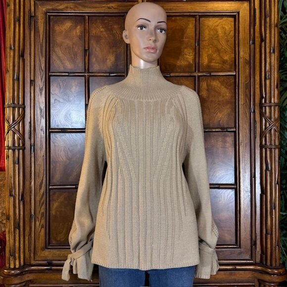 NWOT Bodilove Khaki Tan Cotton Blend Modern Cable Knit Tie Bow Sleeve Sweater - Picture 2 of 16
